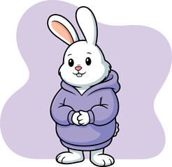 Obraz premium Cheerful White Bunny Rabbit Wearing a Trendy Purple Hoodie Smiling Happily