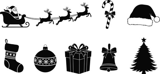 Christmas holiday silhouette icon set, Santa sleigh reindeer candy cane tree gift box stocking bell festive decoration collection © Shahin