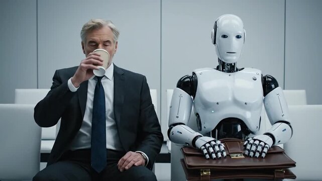 Man and Robot Waiting Together in a Modern Office Setting.