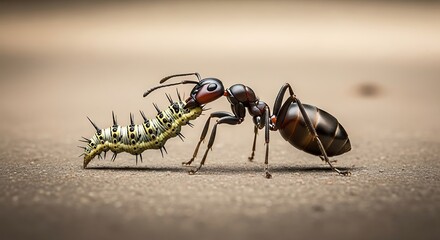 Fototapeta premium Ant Carrying Large Prey Across Ground.