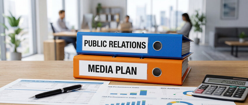 Public Relations and Media Plan Binders on Office Desk