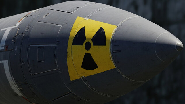 Closeup of a nuclear warhead with a prominent radiation symbol