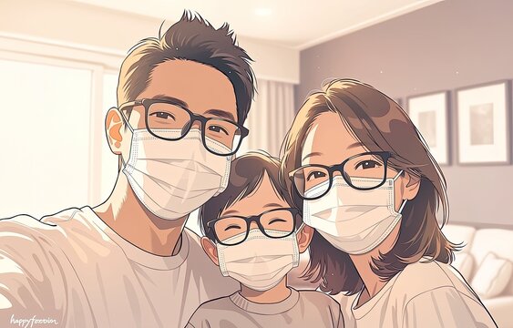 Family health awareness masked selfie at home lifestyle indoor close-up unity
