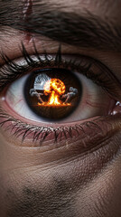 Naklejka premium Eye reflecting a nuclear explosion symbolizing destruction and fear