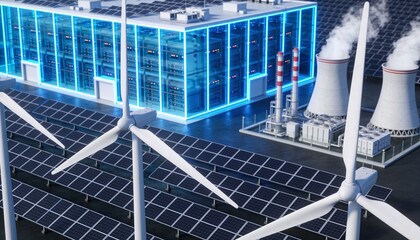 A futuristic data center powered by a mix of renewable solar and wind energy alongside a traditional power plant, illustrating diverse energy sources.