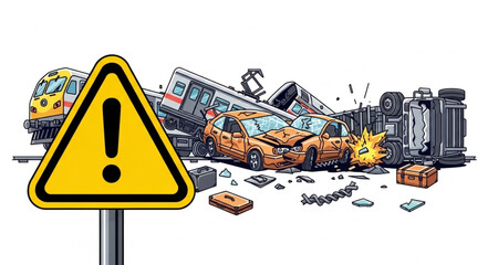 Warning Sign Near Train Derailment Scene.