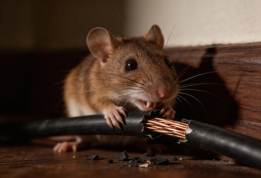 A brown mouse gnaws on a black electrical cable, exposing copper wires and scattering insulation debris.