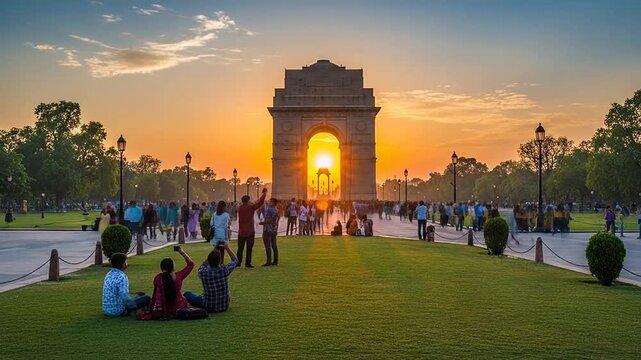 Historic India Gate Monument in Delhi at Sunset with Many People Gathering in Park