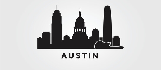 Creative Austin TX skyline illustration featuring Capitol and Frost Bank Tower.