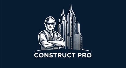 Fototapeta premium Professional construction worker in hard hat and safety vest standing in front of skyscrapers.