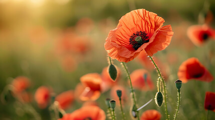 Naklejka premium Vibrant red poppy stands tall in a sunlit field, its delicate petals glowing amidst a sea of blurred blossoms, evoking natural beauty and tranquility
