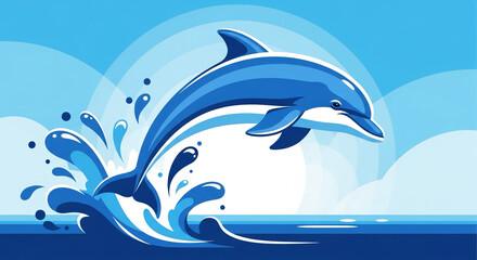 Fototapeta premium Two dolphins jumping out of ocean waves with splashes under sunny blue sky with clouds