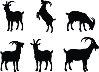 Fototapeta premium Goat silhouette collection with different poses including standing, rearing and grazing isolated on light background, farm animal vector set for agriculture and livestock design