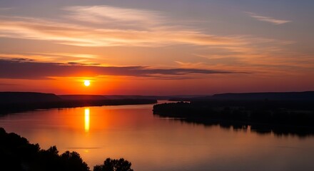 Fototapeta premium A serene lake at sunset with a vibrant orange sky