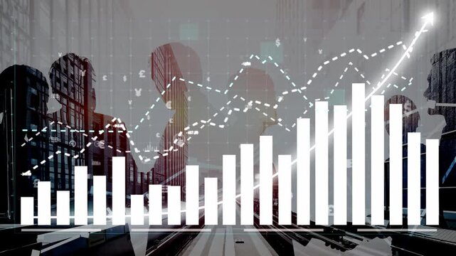 Dynamic representation of business growth with financial charts and silhouettes in a modern office, conveying corporate success and strategic analysis in a competitive market. Copula