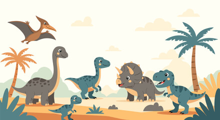 Fototapeta premium Group of various friendly dinosaurs including a T-Rex and Triceratops gathers in a sunny prehistoric landscape with palm trees.