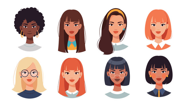 Diverse female avatars with various hairstyles and accessories are presented in a colorful and modern flat illustration style for design projects.