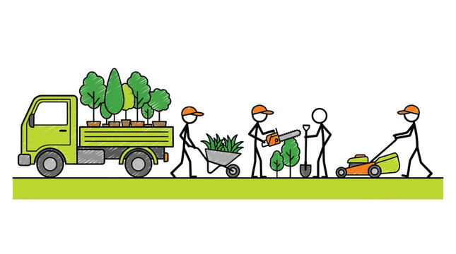 Stick Figure Gardeners with Truck Plants Tools and Lawnmower Landscaping