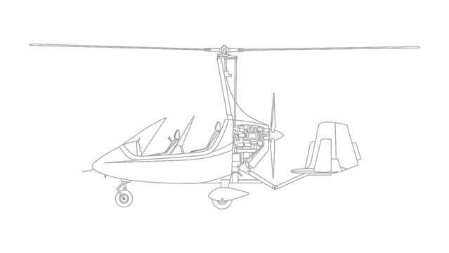 Autogyro Outline: A detailed outline of a autogyro showcasing its unique design and mechanical elements. 