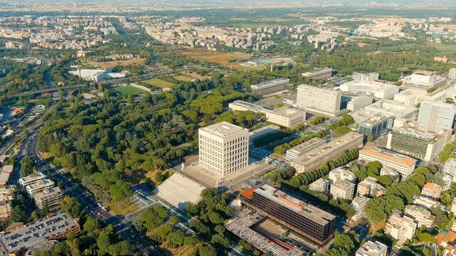 Rome, Italy. Quadrant Colosseum. Panoramic view. District EUR - Quarter is a vast complex of buildings built on the orders of dictator Benito Mussolini. Drone footage, Point of interest