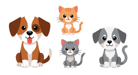 Fototapeta premium Selection of cute domestic pets includes different breeds of puppies and kittens sitting down and looking forward with sweet and friendly faces.