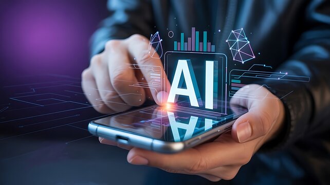Person interacting with artificial intelligence interface on smartphone screen displaying data charts and network nodes