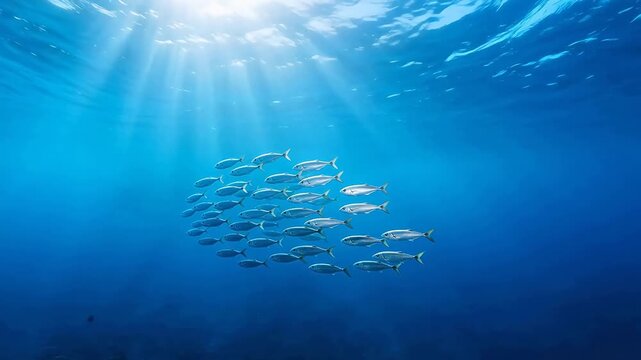 Underwater fish school in blue ocean