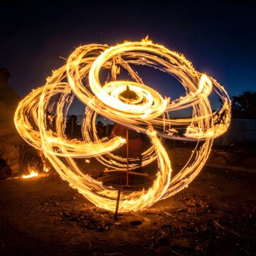 Fire Spinner Isolated on Dark Background, Flaming Fidget Toy, Burning Rotation Concept