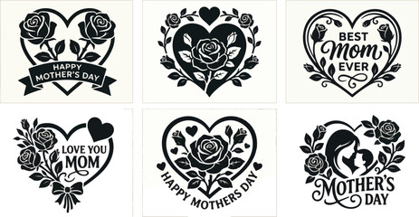 Fototapeta premium Elegant 6-Set Mother's Day Silhouette Icons: Black Hearts and Roses Clip Art Collection for 2026 Personalized Gifts and Crafts 
