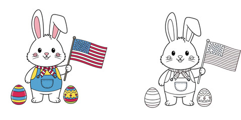 Obraz premium Patriotic USA Easter bunny holding American flag with eggs, colored and outline coloring page vector.