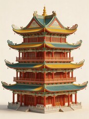 Fototapeta premium Traditional multi-tiered pagoda with ornate roof design and red wooden structure