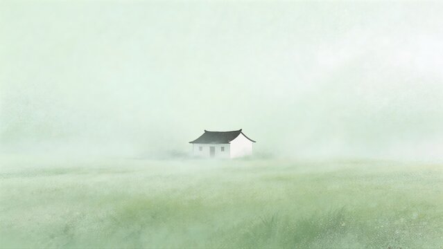 A solitary traditional house stands in a misty, fog-covered field with soft green hues.