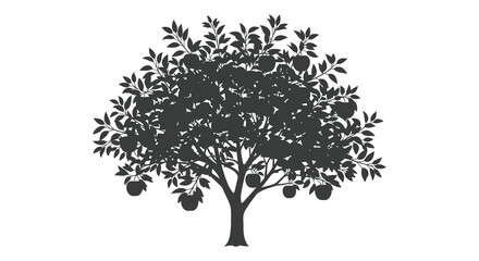 A striking black silhouette of a fruit tree laden with apples against a white background silhouette high quality © Kuntol02