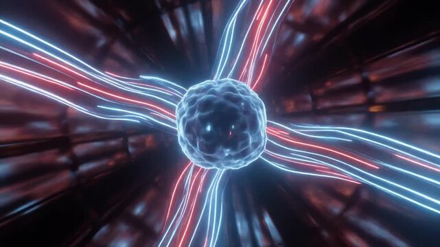 A glowing blue sphere surrounded by vibrant red and blue streaks of light, radiating outward in a dynamic, futuristic scene
