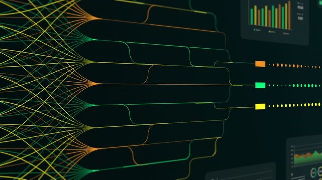 Digital interface showing interconnected neural network nodes flowing into business analytics and performance data visualization modules.