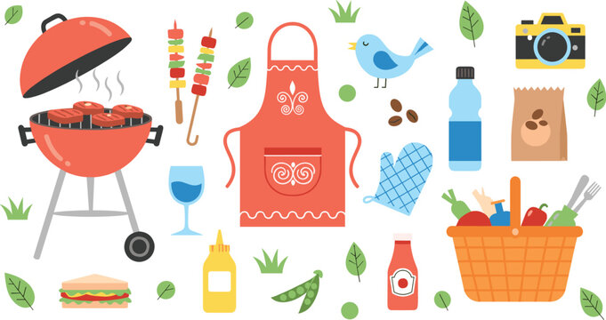 Summer barbecue and picnic elements collection, grill skewers apron basket food and outdoor cooking vector illustration set