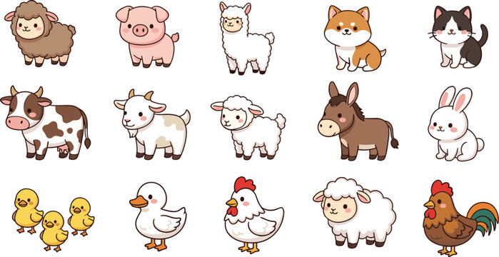 Cute farm animals collection, cartoon cow pig sheep goat horse chicken duck and rabbit vector illustration set