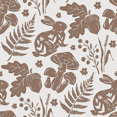 Cotton fabric Woodland Bunny and Mushroom Forest Seamless Pattern with Linocut Oak Leaves and Ferns in Neutral Brown and Tan Tones for Textile and Wallpaper