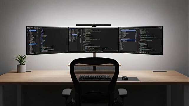 Modern programmer's workstation with three computer monitors displaying code on a clean desk in a minimalist office setting.