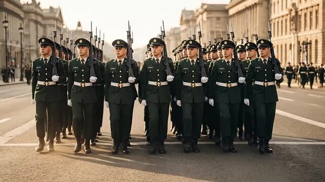 British soldiers marching in formal uniform through city street.