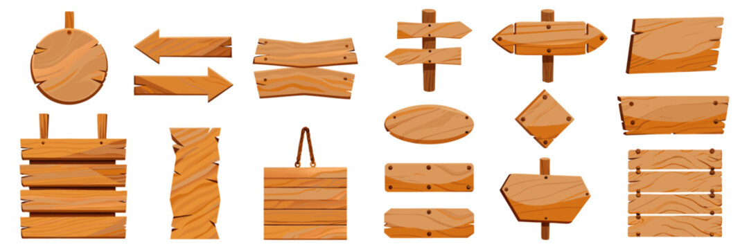 Old western wooden signs set, ribbon scrolls, arrows, broken boards, realistic wood grain, cartoon style.