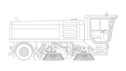 Street Sweeper Illustration: A meticulous line illustration portrays a street sweeper, designed to maintain cleanliness in urban environments. The vehicle is ready for the task.