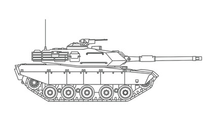 Armored Fury: Detailed outline of a formidable war machine, showcasing the intricate design of a battle tank. Embodying the power and precision of military technology. © Hasib