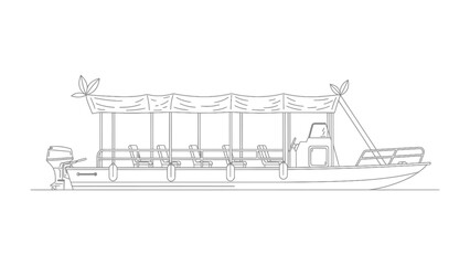 Boat for Touring: A stylized side view of a pontoon boat, designed for leisurely river or lake tours, is meticulously presented. The structure features a canopy, railings, and seating for passengers. © AJM