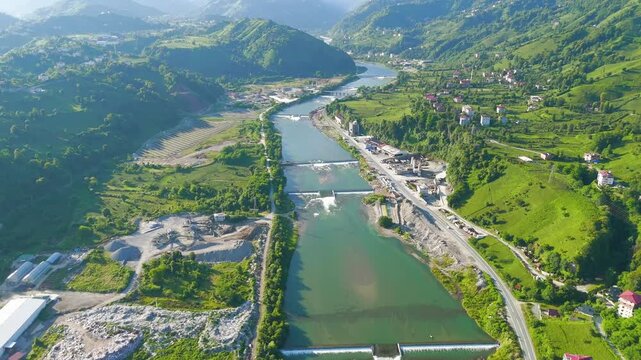 Ardeshen, Turkey. Panorama of green mountains. Firtina River Valley. River rapids. Sunny morning. Aerial View, MasterShots, Circle (Far)