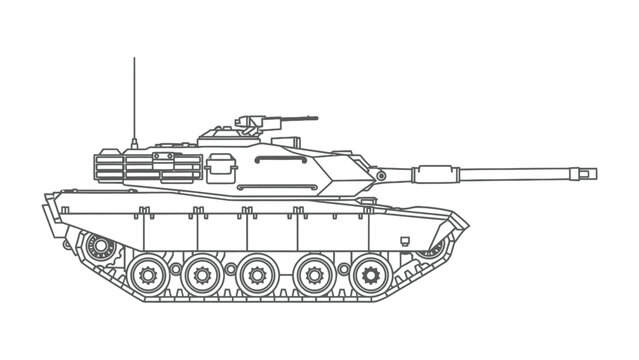 Armored Fury: Detailed outline of a formidable war machine, showcasing the intricate design of a battle tank. Embodying the power and precision of military technology.