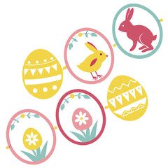 Decorative Easter Pastel Circle Badge Collection with Seasonal Symbols in Flat Vector Style