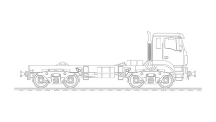 Outline Truck on the Rail: A detailed line drawing showcases the design of a rail truck, highlighting its structure and components on railway.
