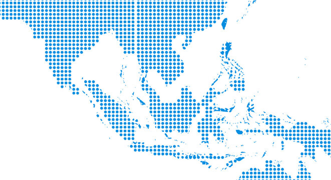 Abstract blue halftone world map with continents and oceans in a dotted pattern.