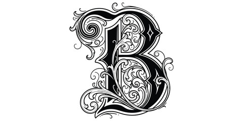Ornate letter B illustration, decorative typography, black white design, floral scroll motif, vintage baroque artwork, elegant curves, classical motif, decorative design, flat vector drawing © Rabeka